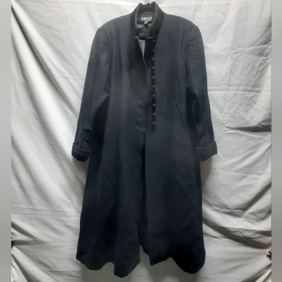 Stunning Jofeld Long Black 10 Button Swing Coat Velvet Collar and Cuff Trim12 - Picture 1 of 8